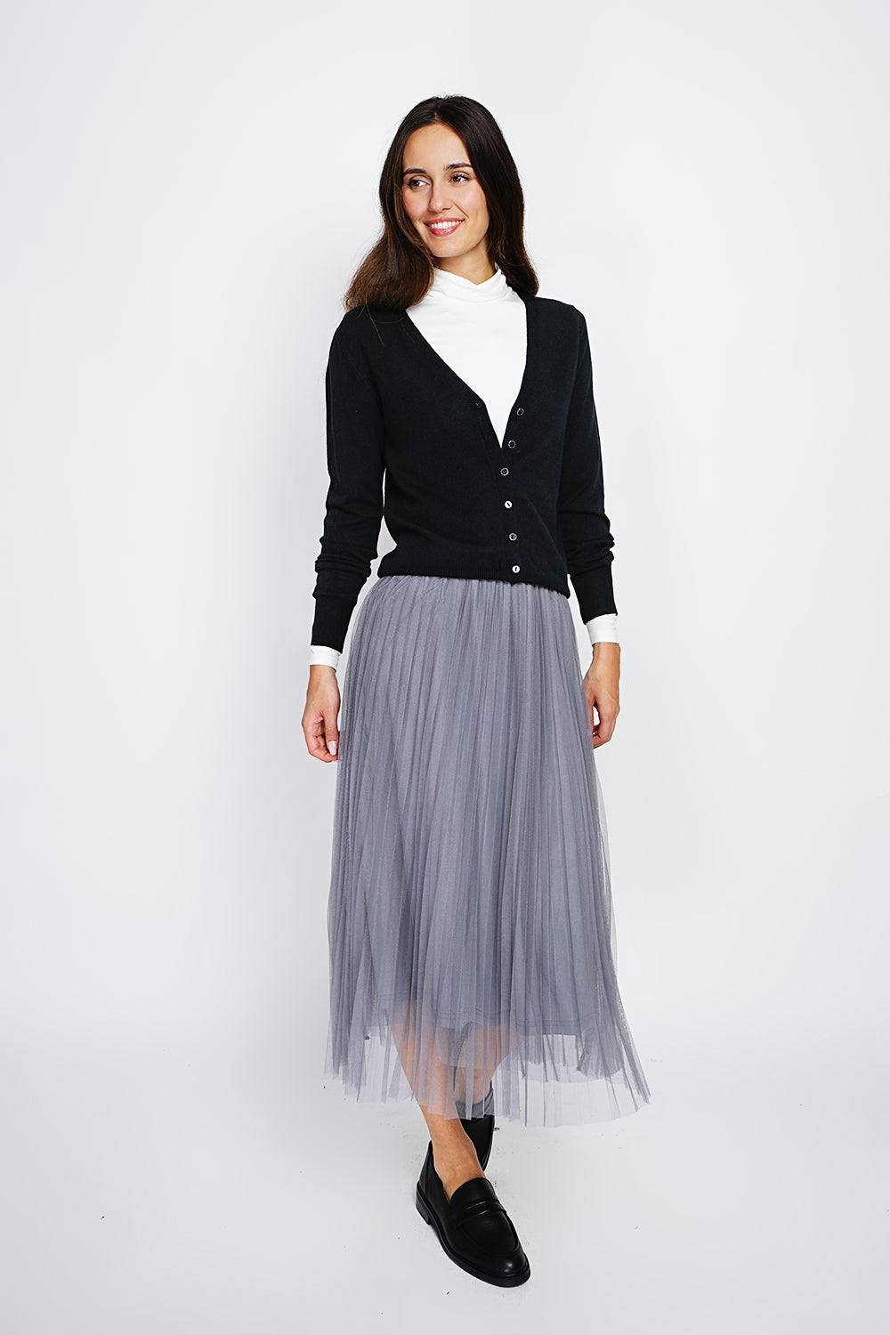 Cardigan classico con scollo a V in maglia a 3 fili e maniche lunghe NERO