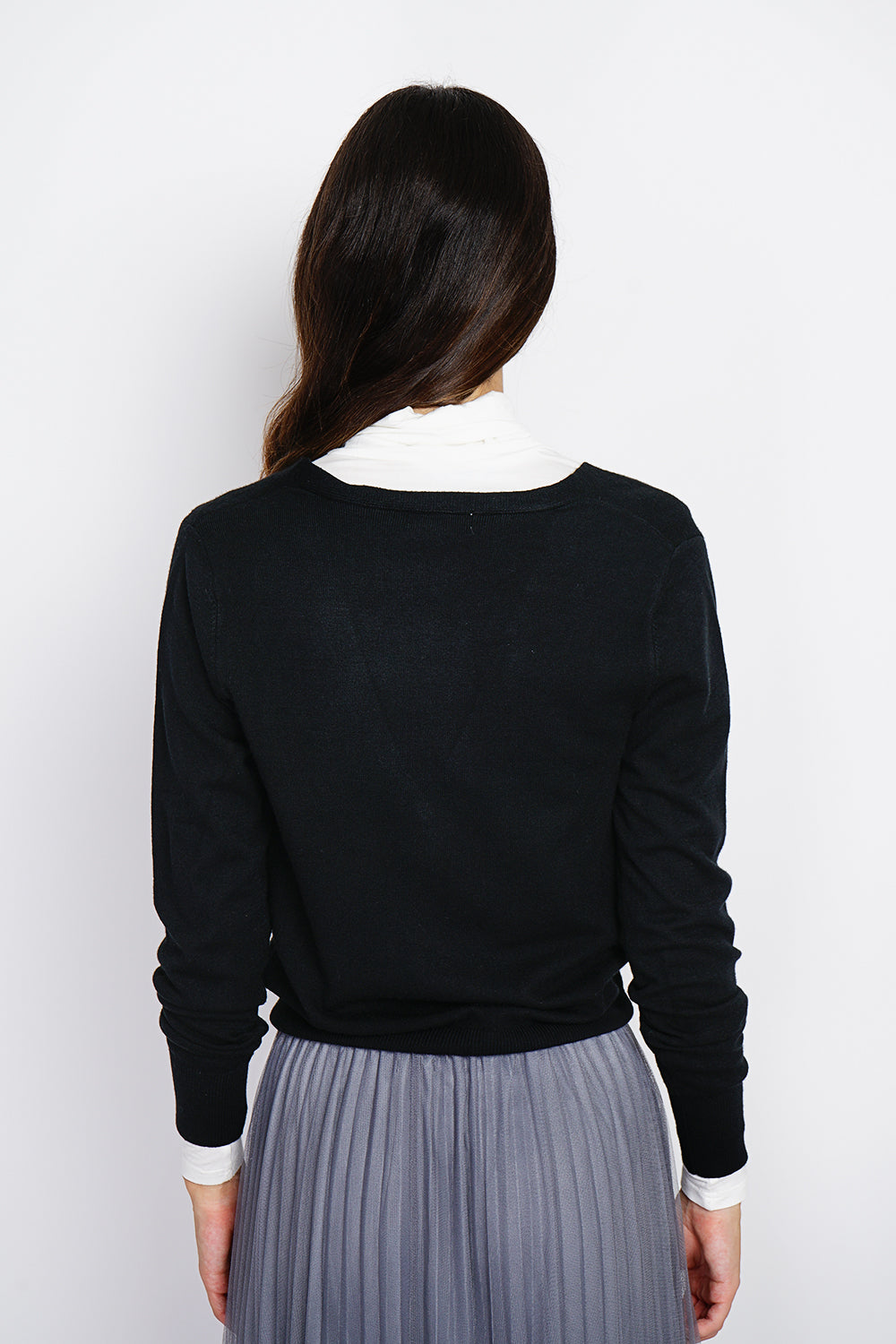 Cardigan classico con scollo a V in maglia a 3 fili e maniche lunghe NERO