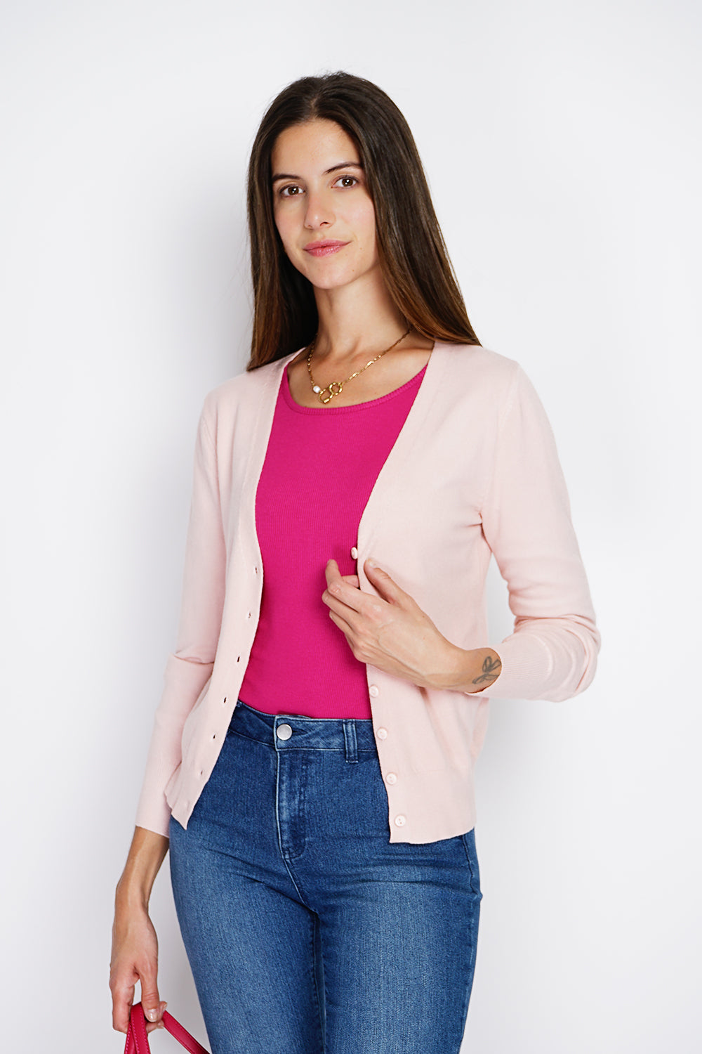 Cardigan classico con scollo a V in maglia a 3 fili e maniche lunghe ROSA