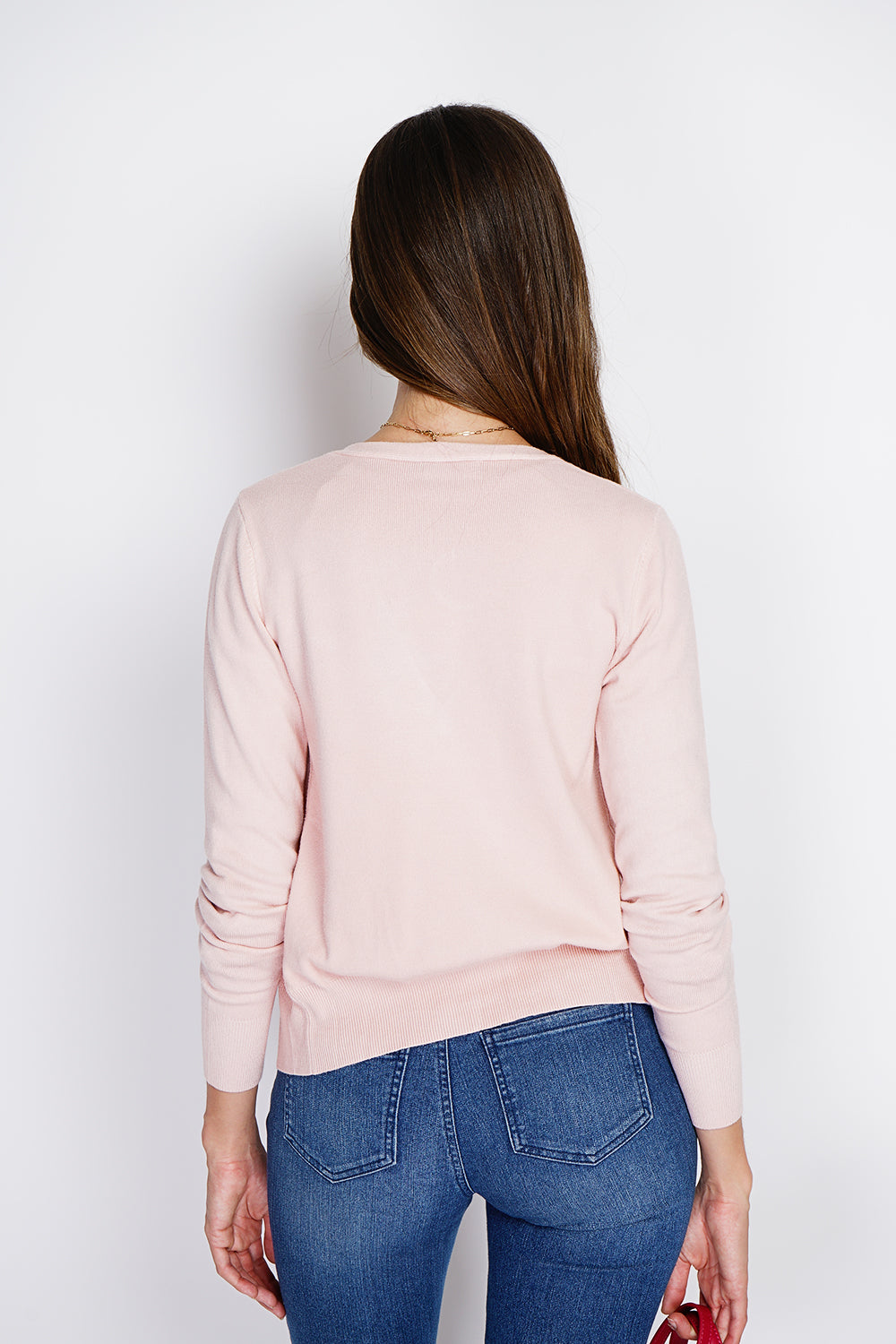 Cardigan classico con scollo a V in maglia a 3 fili e maniche lunghe ROSA
