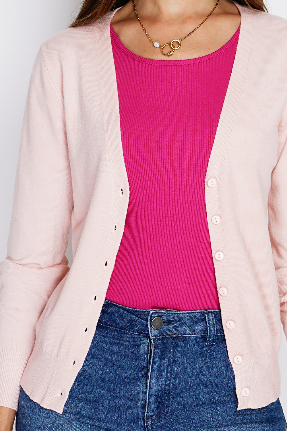 Cardigan classico con scollo a V in maglia a 3 fili e maniche lunghe ROSA