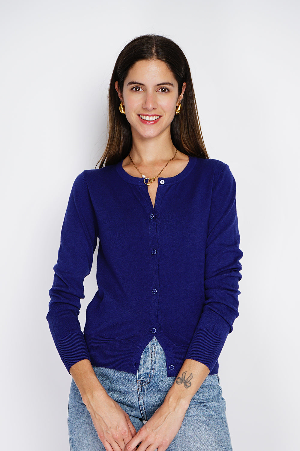 Cardigan classico con scollo rotondo in maglia a 3 strati e maniche lunghe BLU NOTTE