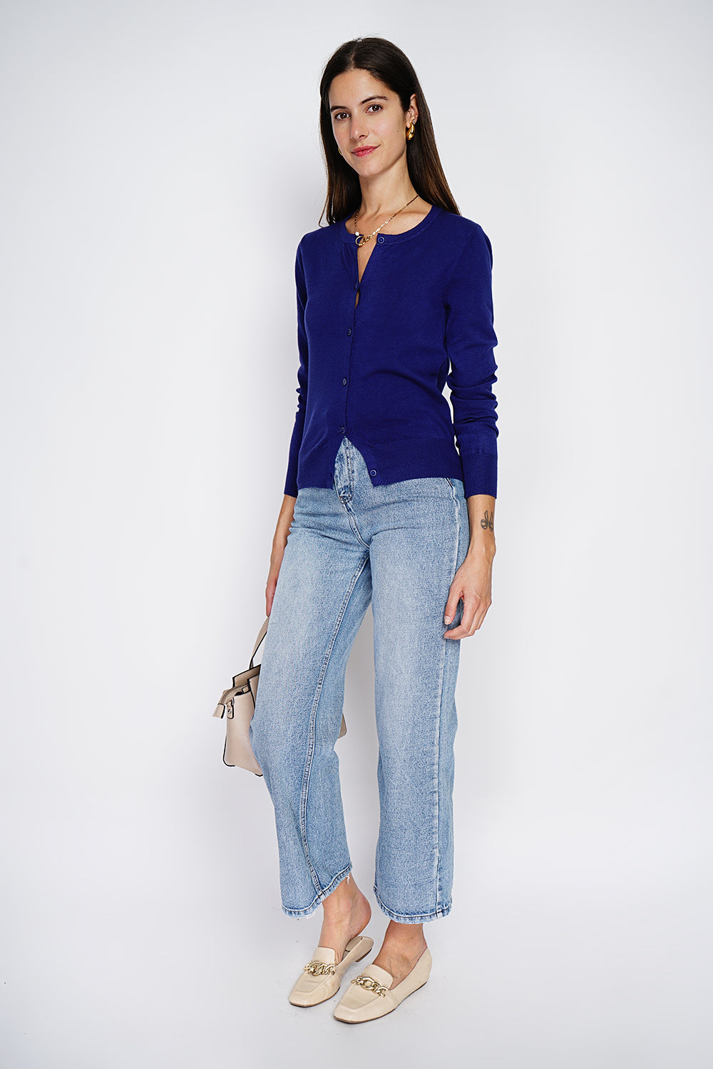 Cardigan classico con scollo rotondo in maglia a 3 strati e maniche lunghe BLU NOTTE