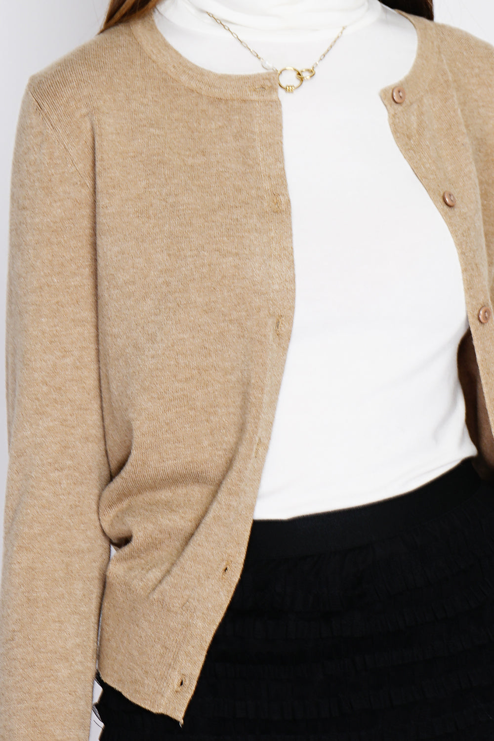Cardigan classico con scollo rotondo in maglia a 3 strati e maniche lunghe CAMMELLO SCURO