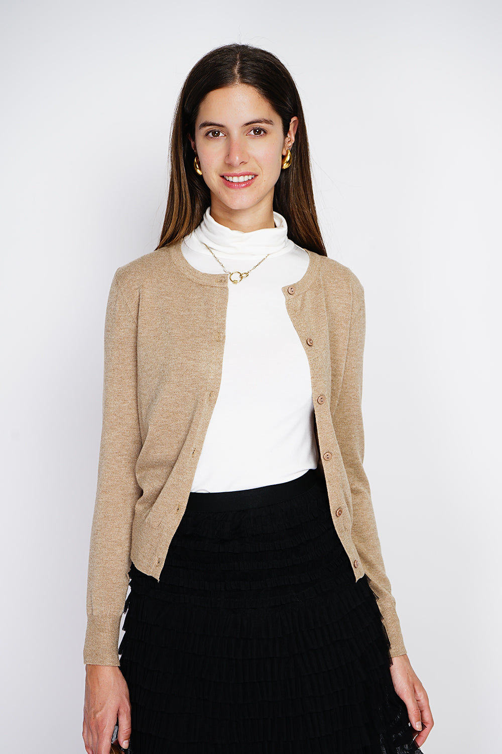 Cardigan classico con scollo rotondo in maglia a 3 strati e maniche lunghe CAMMELLO SCURO