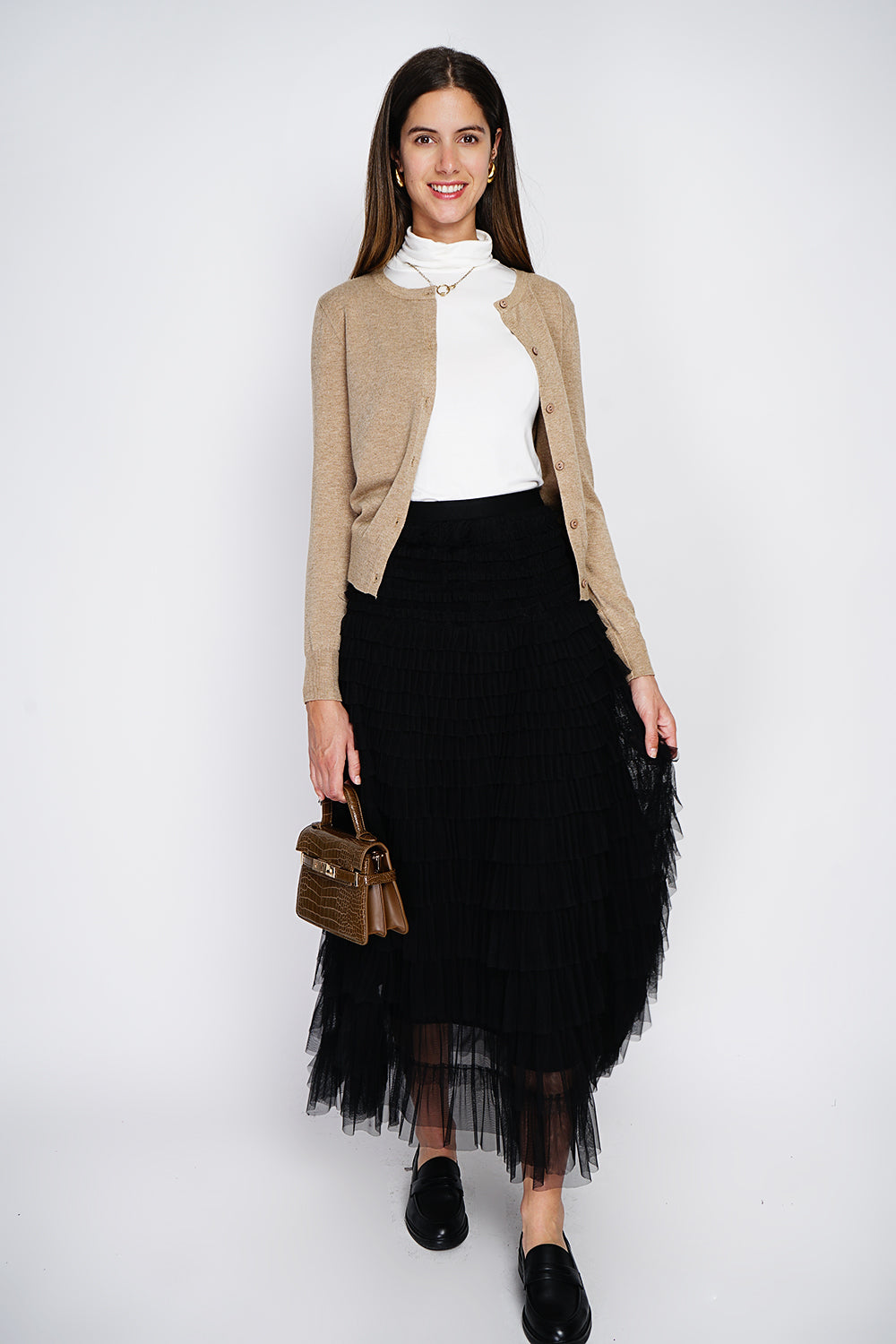 Cardigan classico con scollo rotondo in maglia a 3 strati e maniche lunghe CAMMELLO SCURO