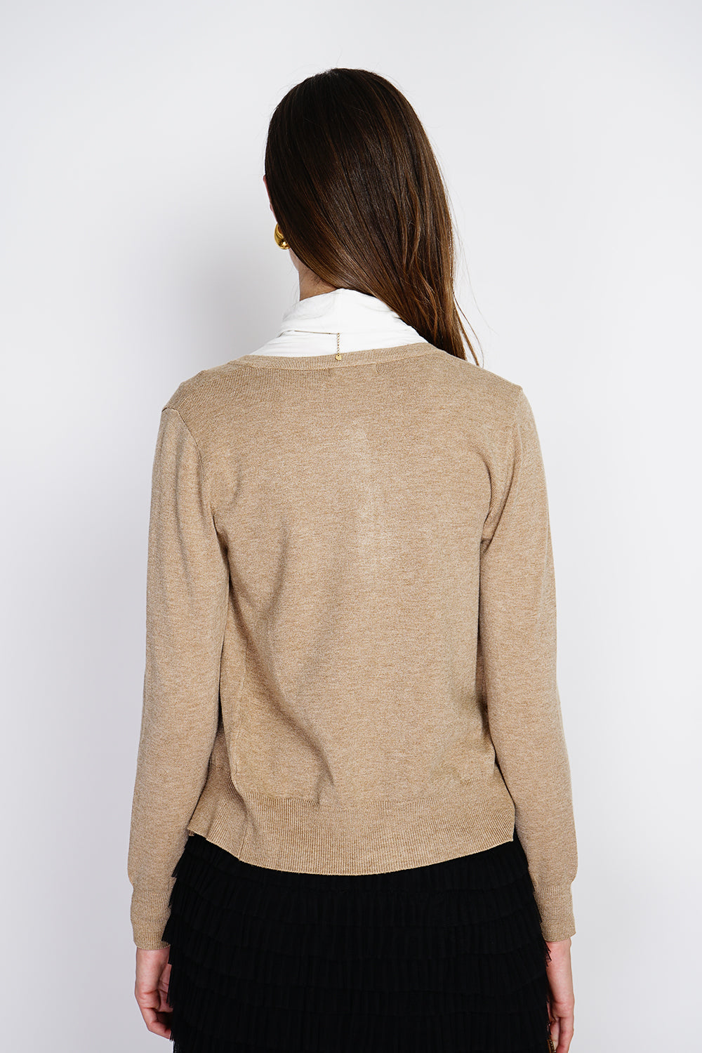 Cardigan classico con scollo rotondo in maglia a 3 strati e maniche lunghe CAMMELLO SCURO