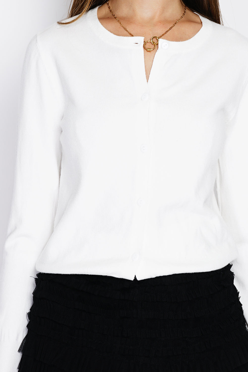 Cardigan classico con scollo rotondo in maglia a 3 strati e maniche lunghe NATURALE