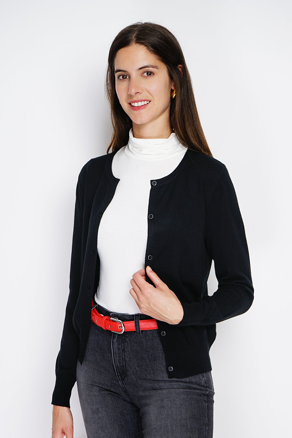 Cardigan classico con scollo rotondo in maglia a 3 strati e maniche lunghe NERO