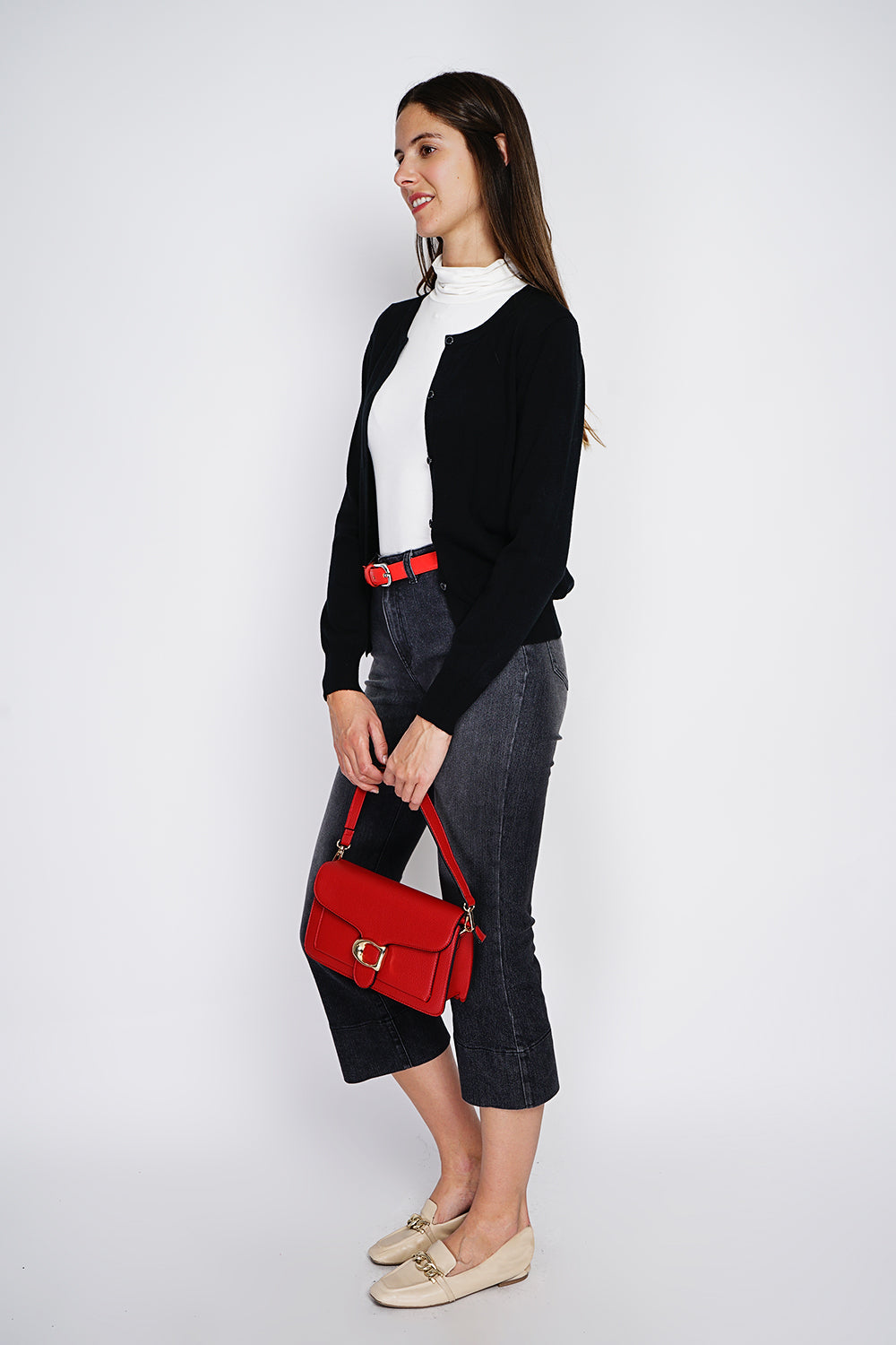 Cardigan classico con scollo rotondo in maglia a 3 strati e maniche lunghe NERO