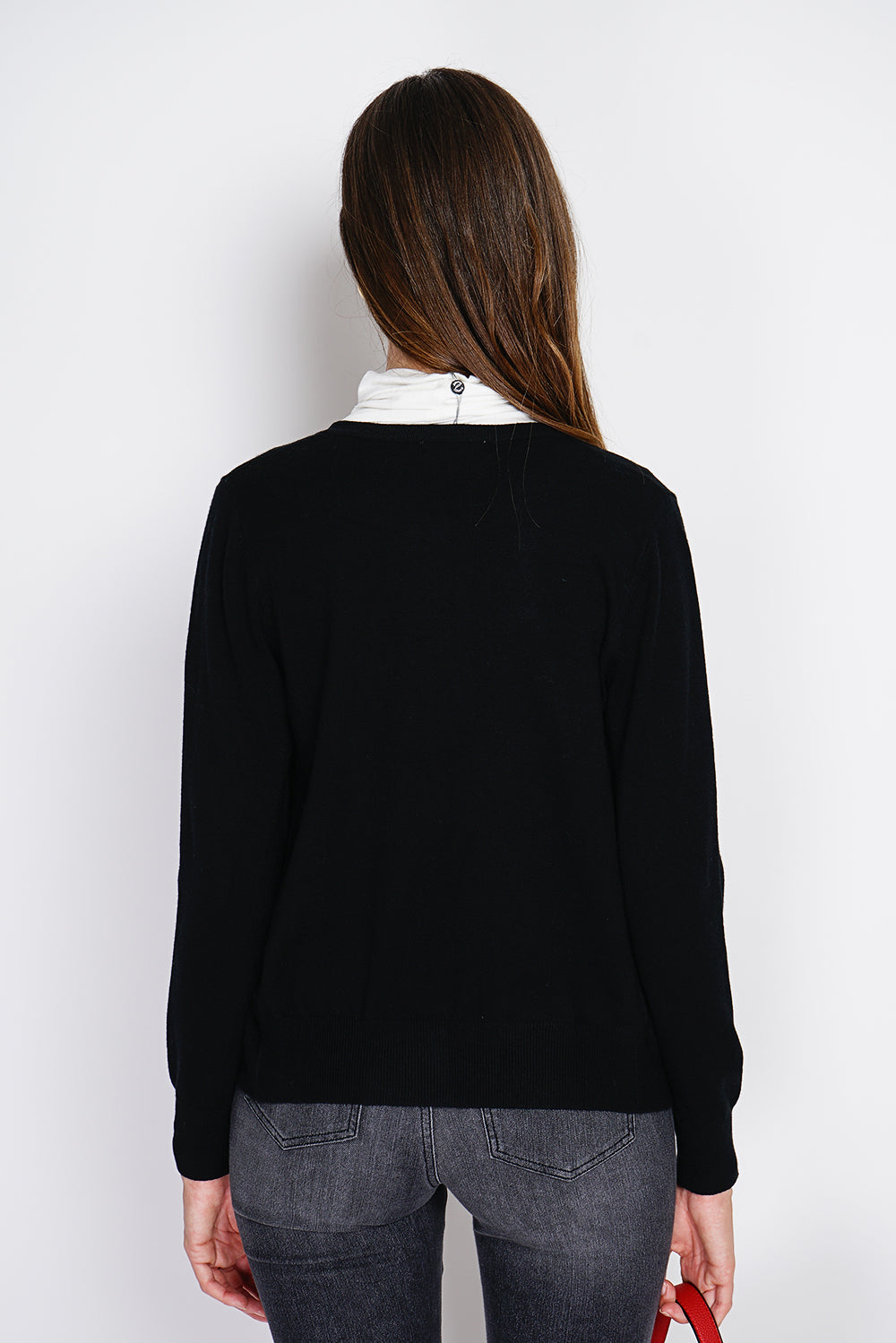 Cardigan classico con scollo rotondo in maglia a 3 strati e maniche lunghe NERO