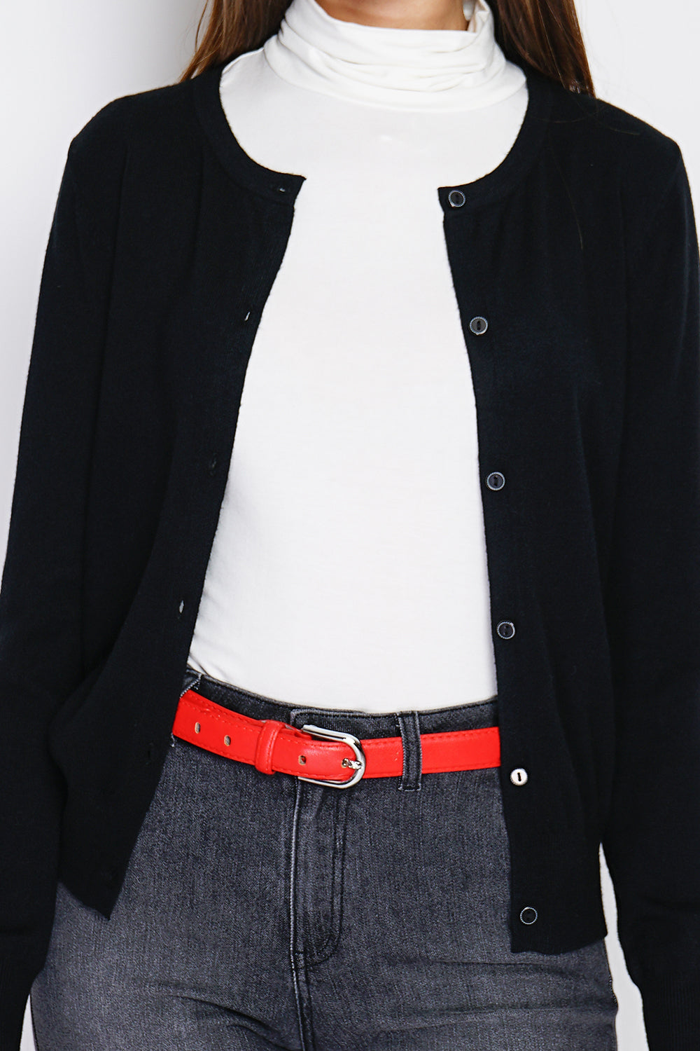 Cardigan classico con scollo rotondo in maglia a 3 strati e maniche lunghe NERO