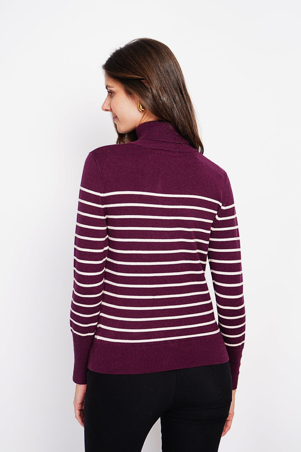 Maglione a collo alto a righe con abbottonatura sulle maniche, lunghezza Bordeaux
