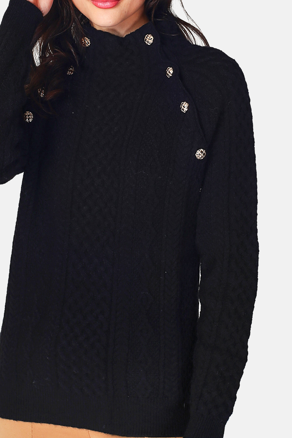 Maglione Collo alto abbottonatura su 2 coste con maniche lunghe Nero