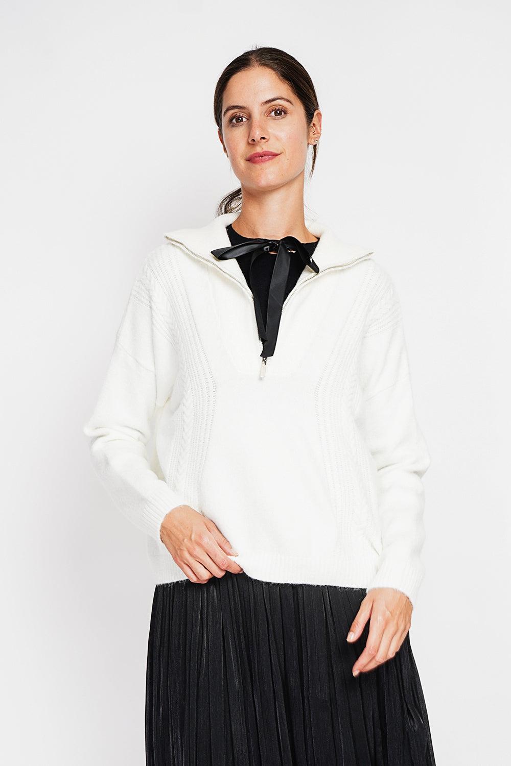 Maglione da camionista oversize con zip a trecce e maniche lunghe Naturale