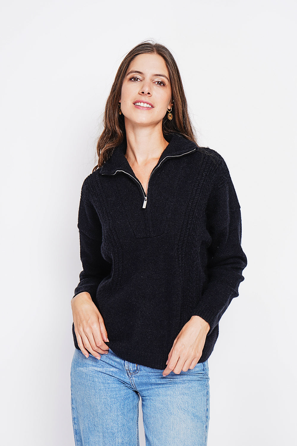 Maglione da camionista oversize con zip a trecce e maniche lunghe Nero