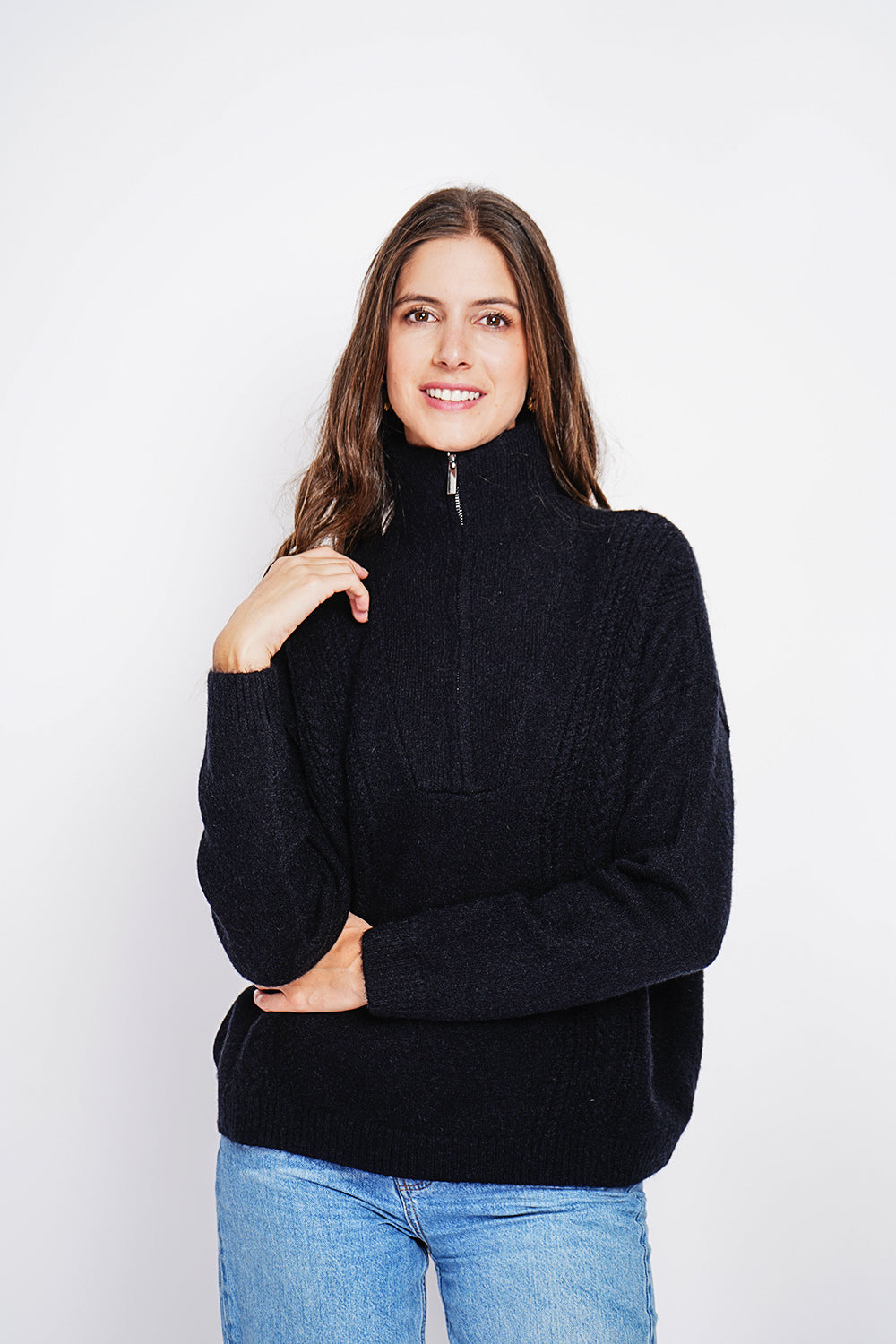 Maglione da camionista oversize con zip a trecce e maniche lunghe Nero