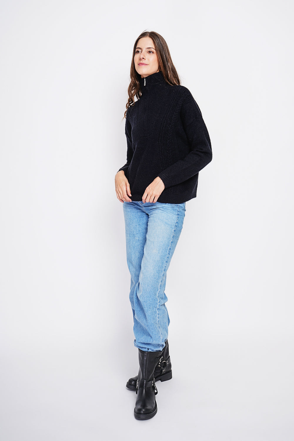Maglione da camionista oversize con zip a trecce e maniche lunghe Nero