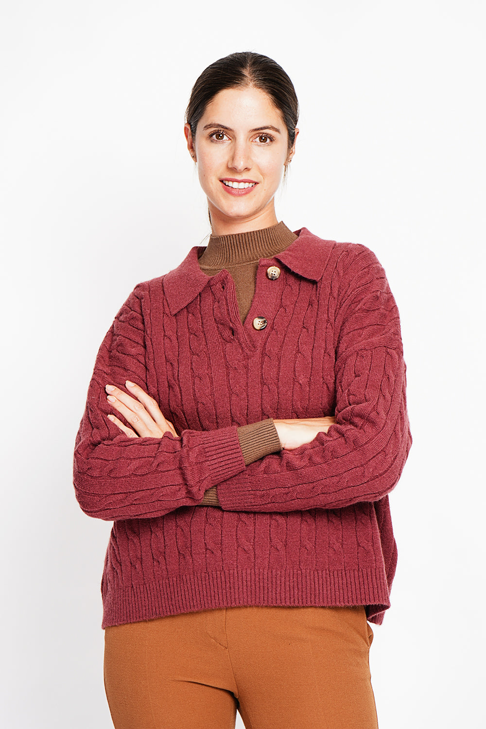 Maglione a collo alto intrecciato Vestibilità oversize con maniche lunghe Bordeaux