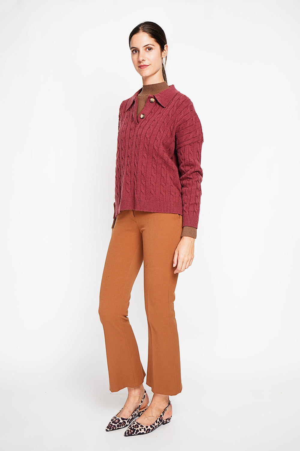 Maglione a collo alto intrecciato Vestibilità oversize con maniche lunghe Bordeaux