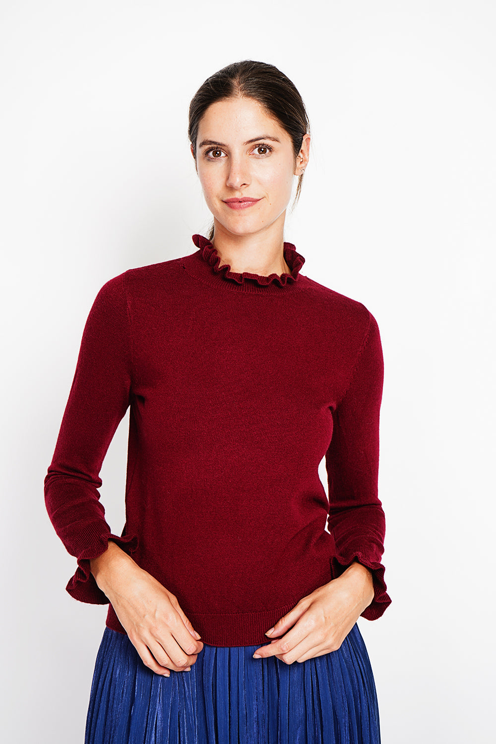 Maglione a collo alto con volant e maniche lunghe con volant Bordeaux
