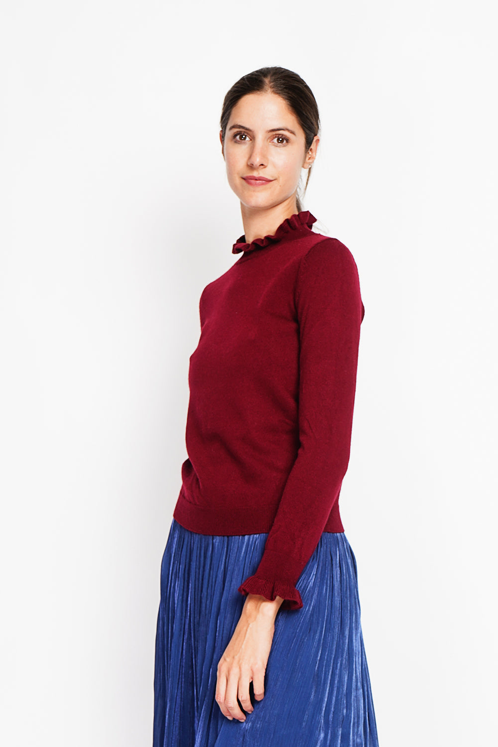 Maglione a collo alto con volant e maniche lunghe con volant Bordeaux