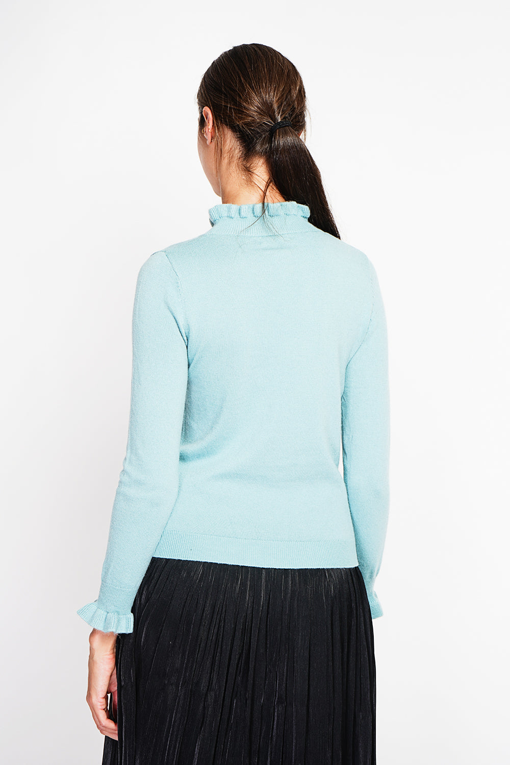 Maglione a collo alto con volant e maniche lunghe con volant Turchese
