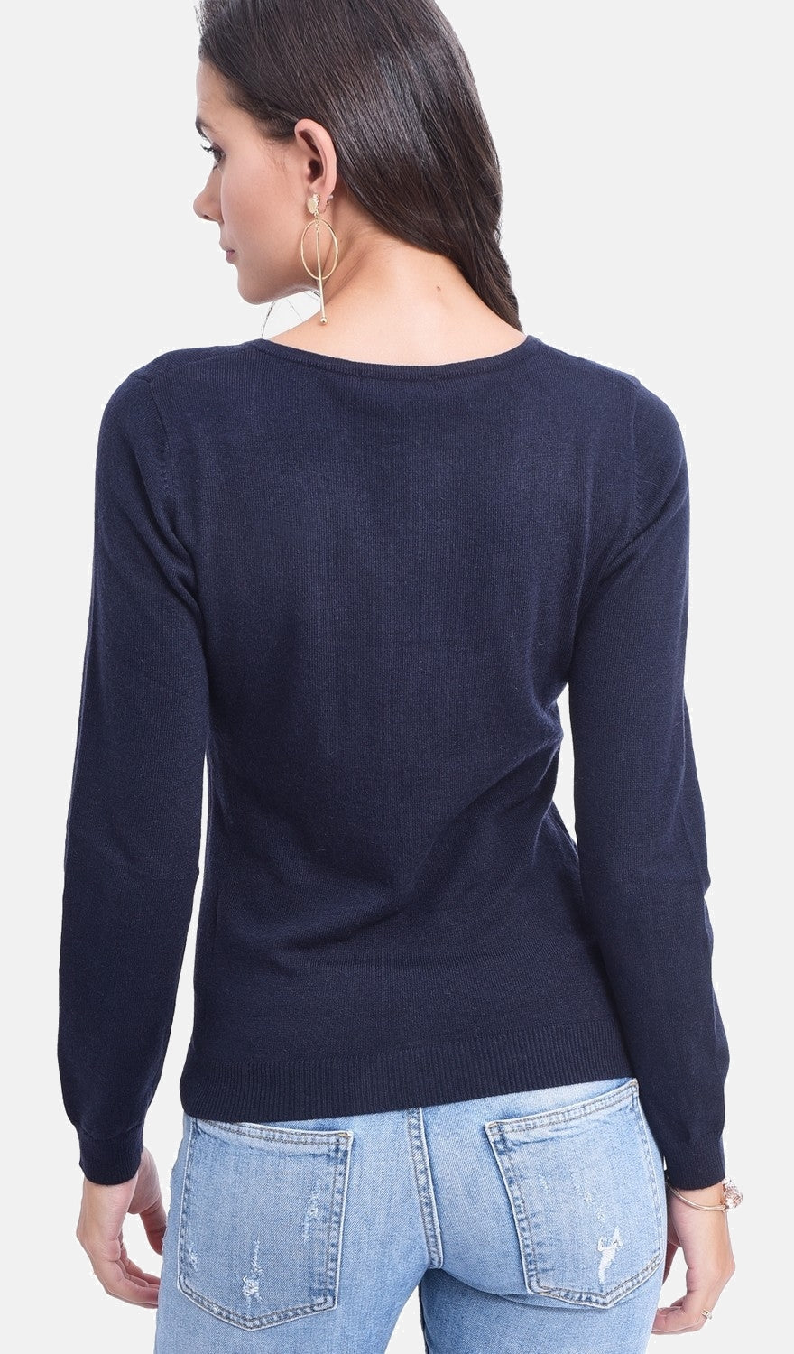 Maglione classico con scollo a V lavorato a maglia con 2 fili e maniche lunghe Blu Notte