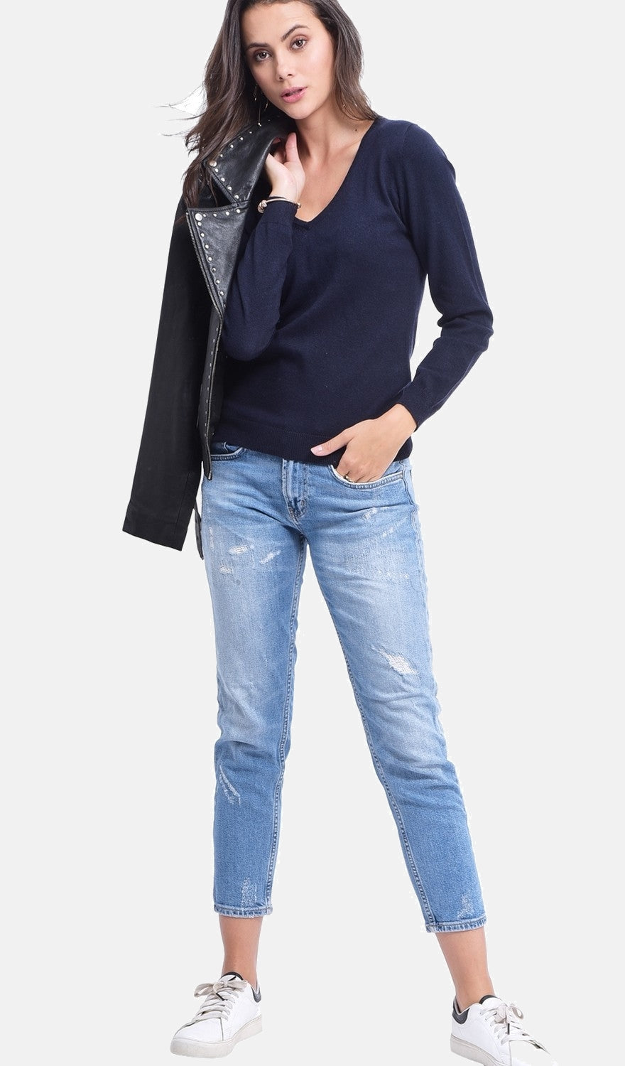 Maglione classico con scollo a V lavorato a maglia con 2 fili e maniche lunghe Blu Notte