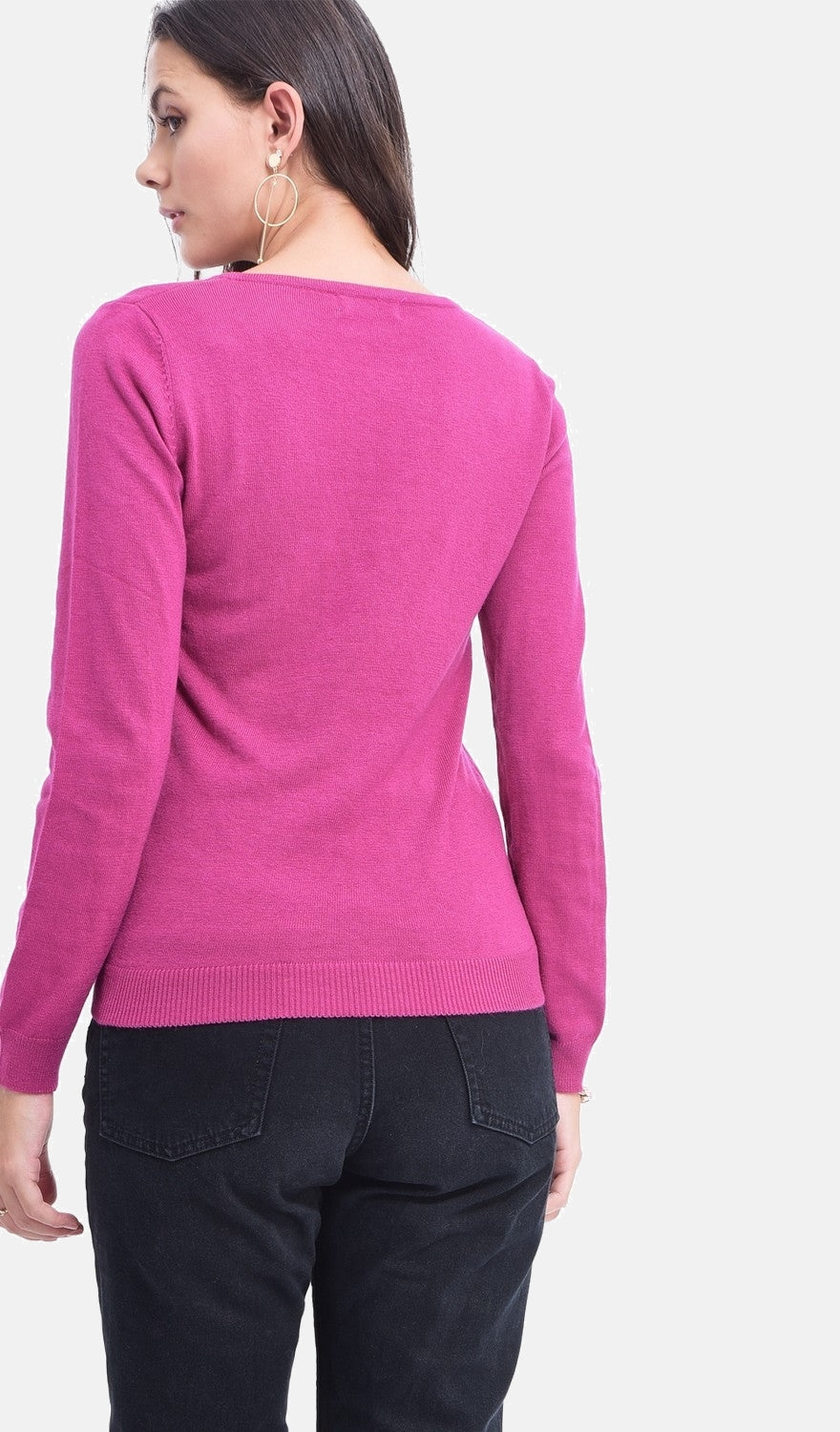 Maglione classico con scollo a V lavorato a maglia con 2 fili e maniche lunghe Fucsia