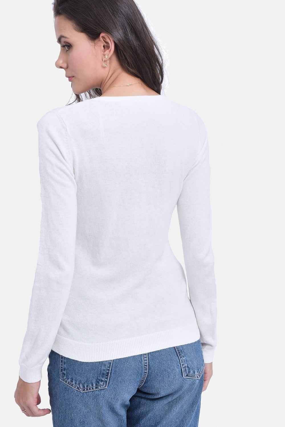 Maglione classico con scollo a V lavorato a maglia con 2 fili e maniche lunghe Naturale