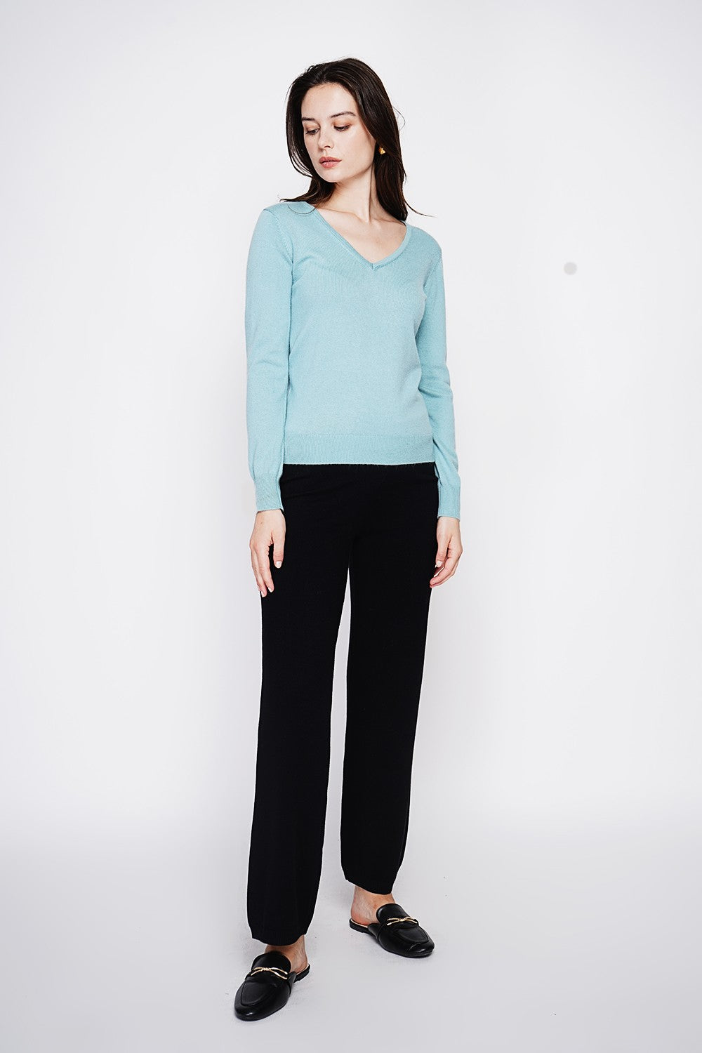 Maglione classico con scollo a V lavorato a maglia con 2 fili e maniche lunghe Turchese