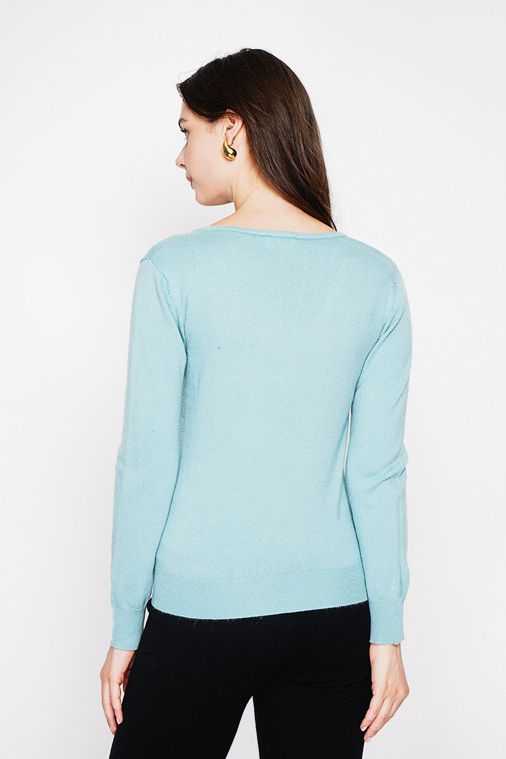 Maglione classico con scollo a V lavorato a maglia con 2 fili e maniche lunghe Turchese