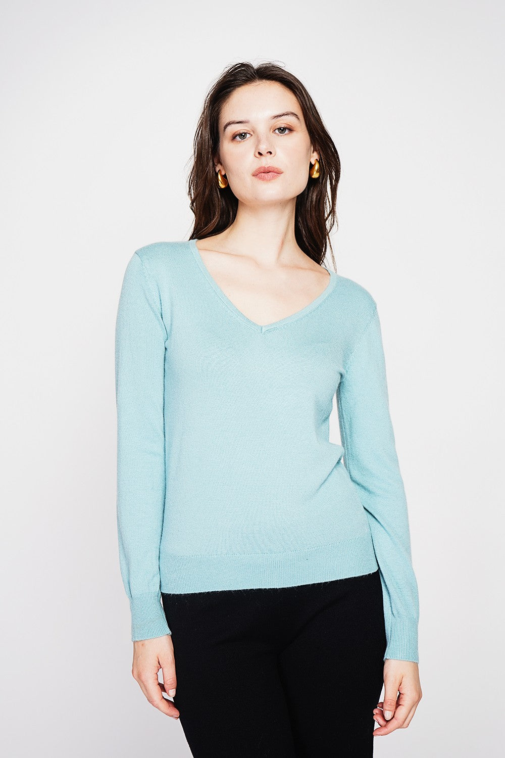 Maglione classico con scollo a V lavorato a maglia con 2 fili e maniche lunghe Turchese