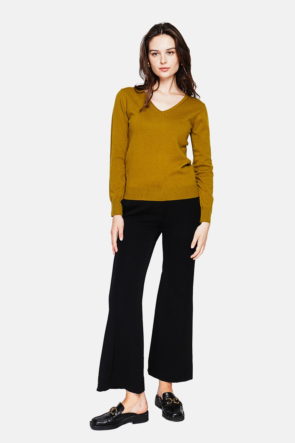 Maglione classico con scollo a V lavorato a maglia con 2 fili e maniche lunghe Verde Oliva