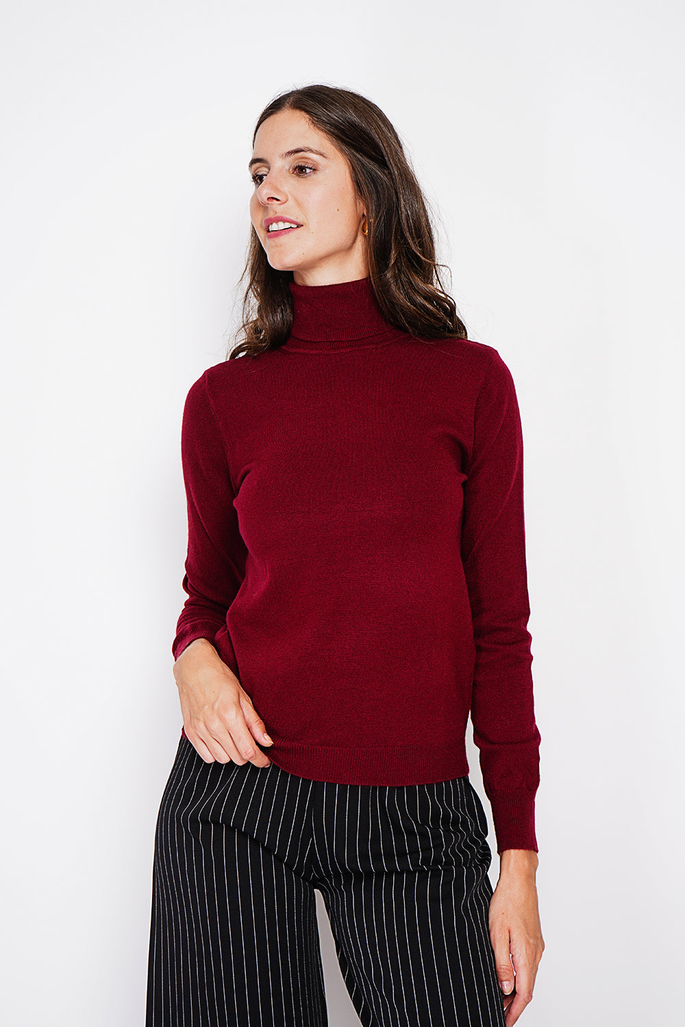 Maglione classico a collo alto lavorato a maglia con 2 fili e maniche lunghe Bordeaux