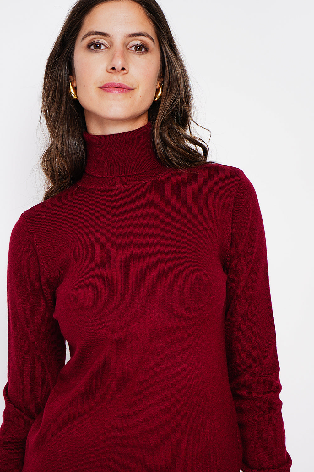 Maglione classico a collo alto lavorato a maglia con 2 fili e maniche lunghe Bordeaux
