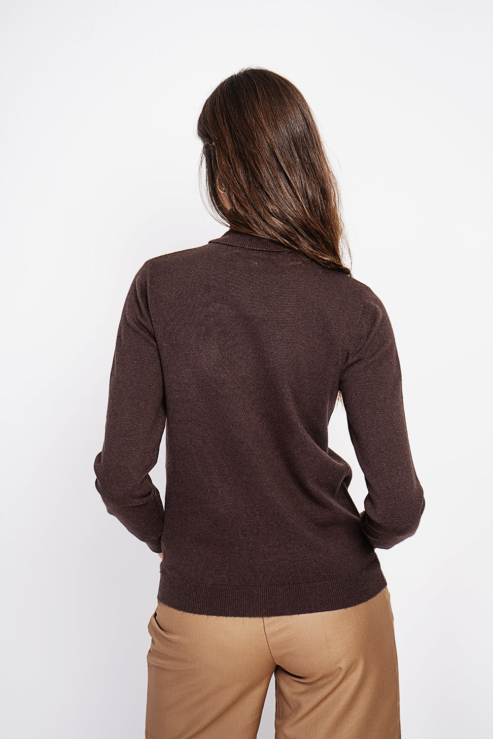 Maglione classico a collo alto lavorato a maglia con 2 fili e maniche lunghe Caffè