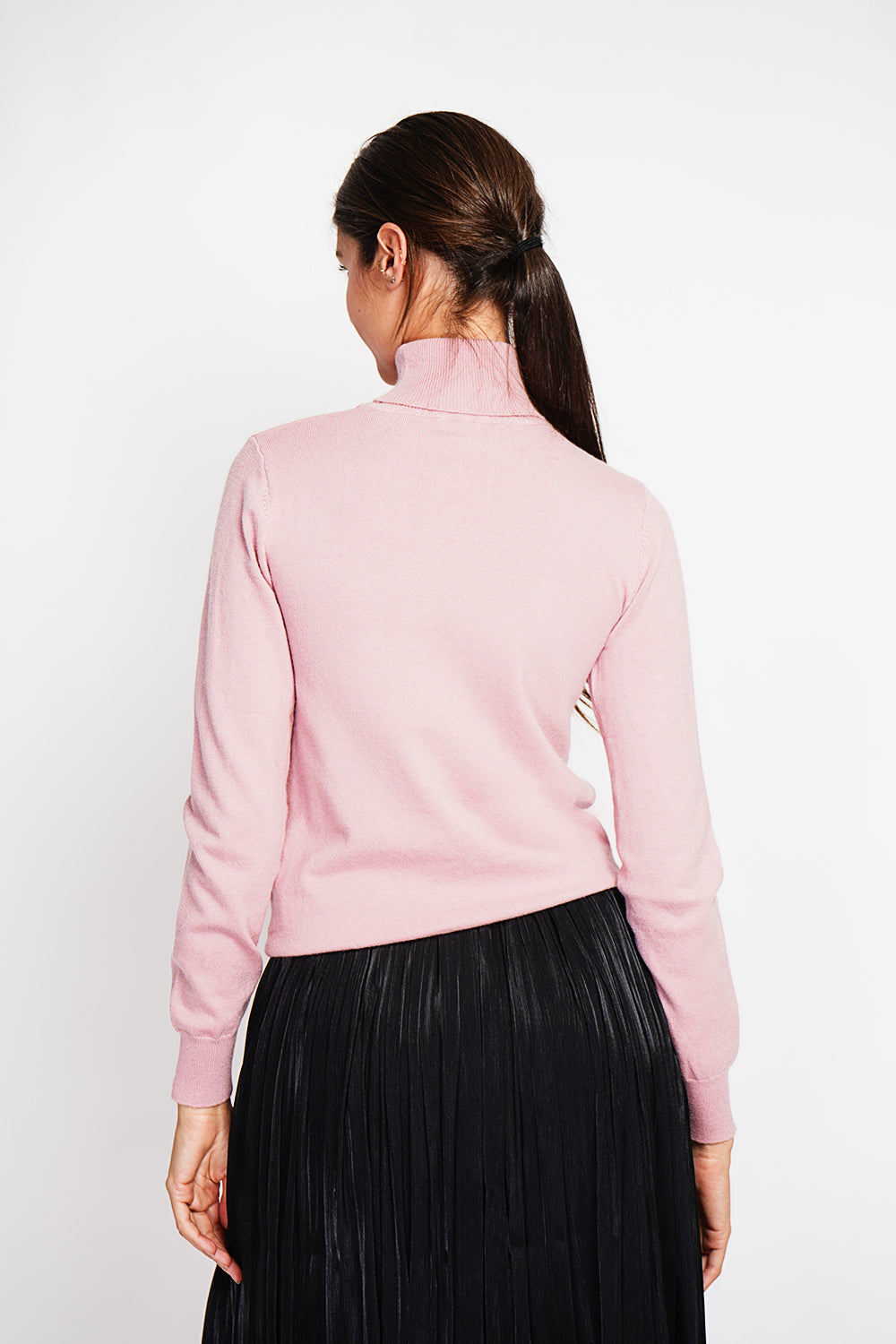 Maglione classico a collo alto lavorato a maglia con 2 fili e maniche lunghe Rosa Cipria