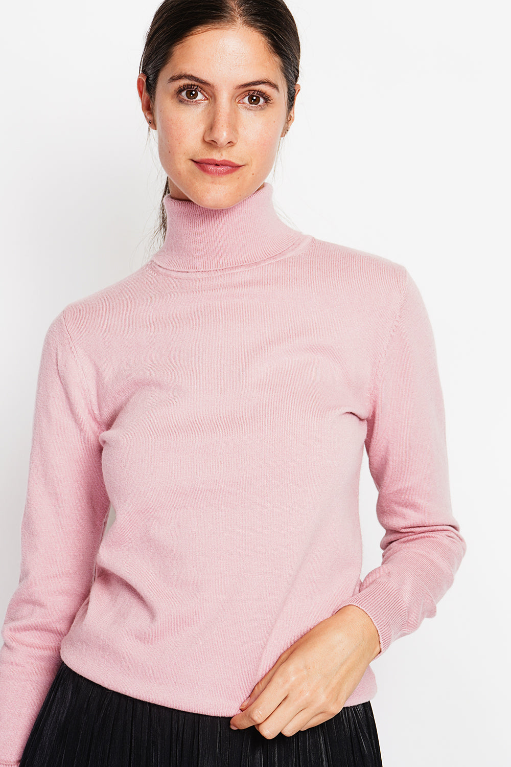 Maglione classico a collo alto lavorato a maglia con 2 fili e maniche lunghe Rosa Cipria