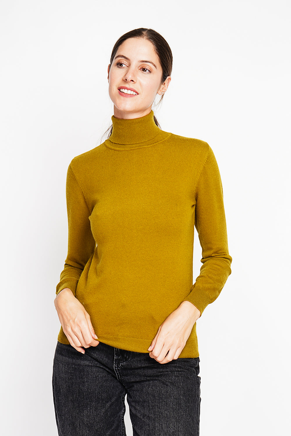 Maglione classico a collo alto lavorato a maglia con 2 fili e maniche lunghe Verde Oliva