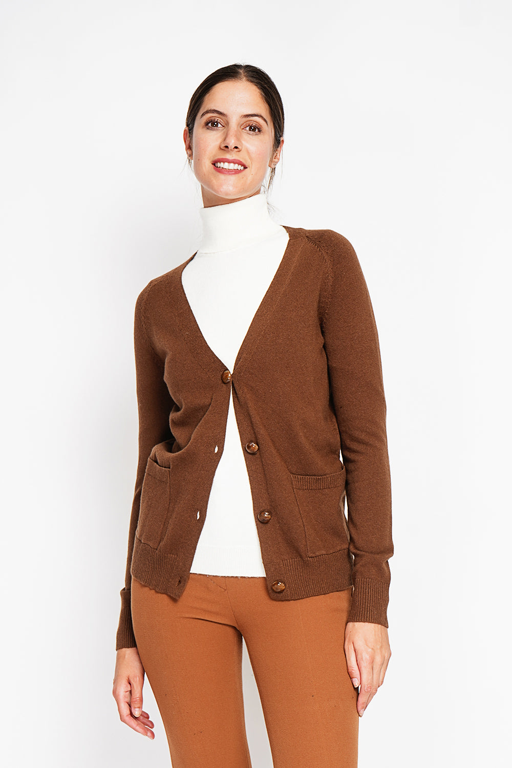 Elegante gilet oversize con scollo a V e bottoni, tasche a maniche lunghe Marrone