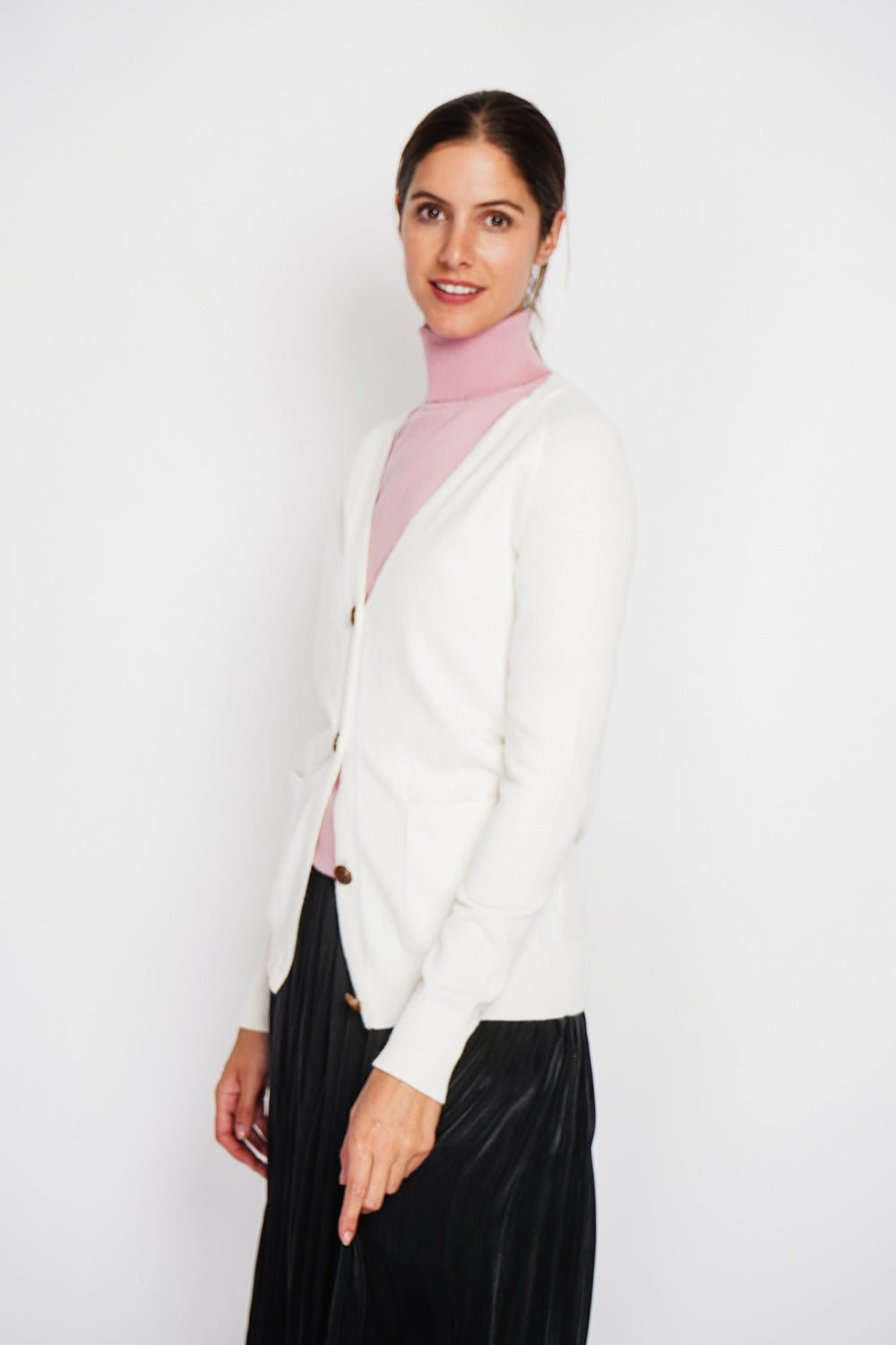 Elegante gilet oversize con scollo a V e bottoni, tasche a maniche lunghe Naturale