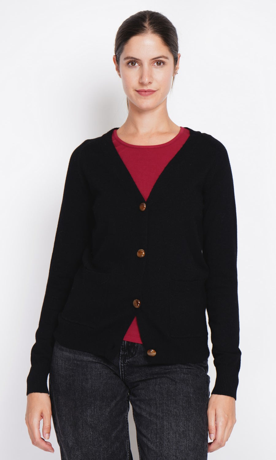 Elegante gilet oversize con scollo a V e bottoni, tasche a maniche lunghe Nero