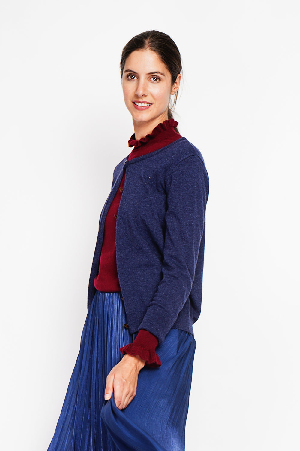 Elegante gilet girocollo con bottoni e maniche lunghe Blu Notte