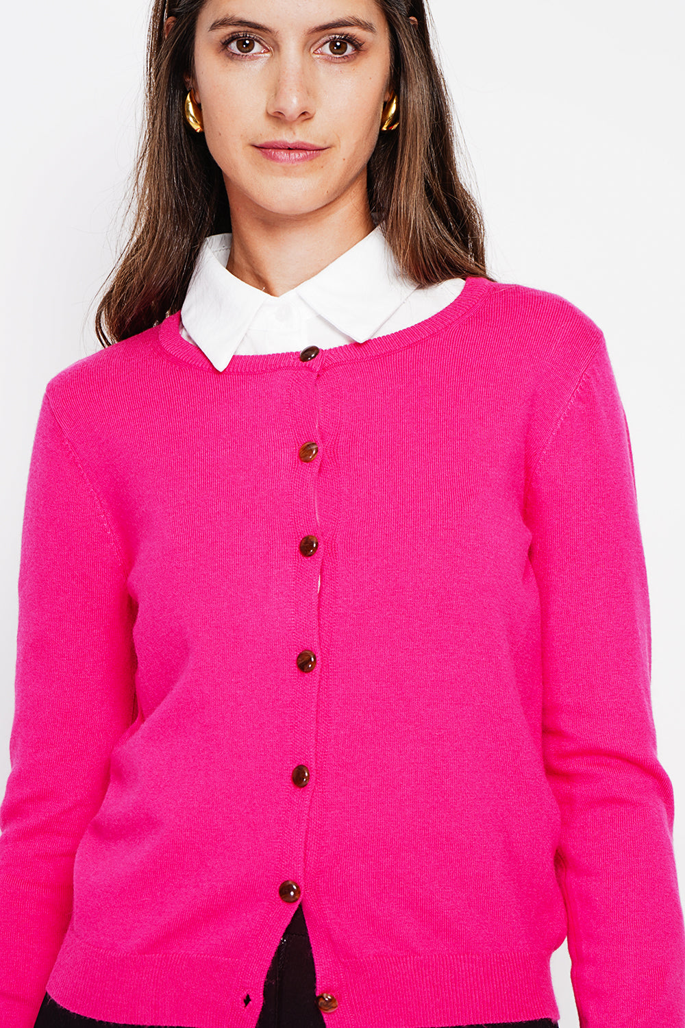 Elegante gilet girocollo con bottoni e maniche lunghe Fucsia