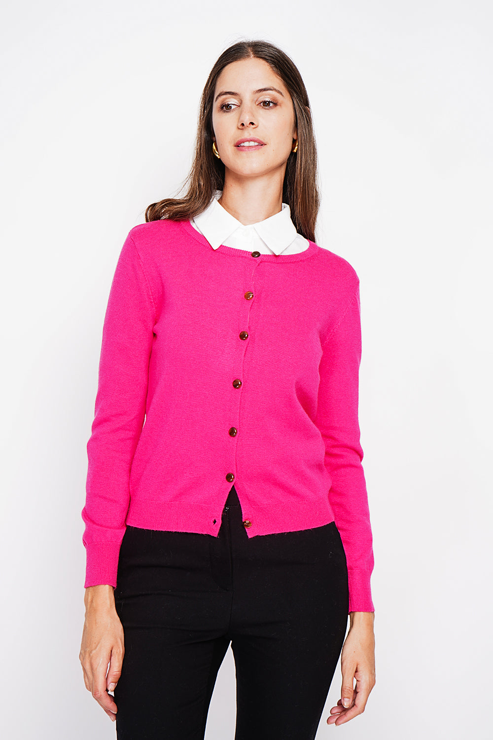 Elegante gilet girocollo con bottoni e maniche lunghe Fucsia