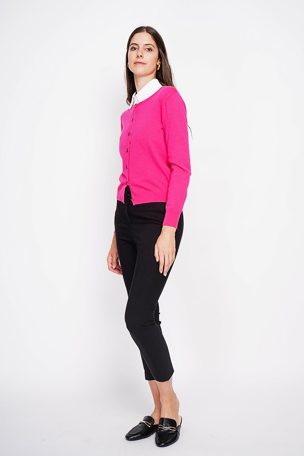 Elegante gilet girocollo con bottoni e maniche lunghe Fucsia