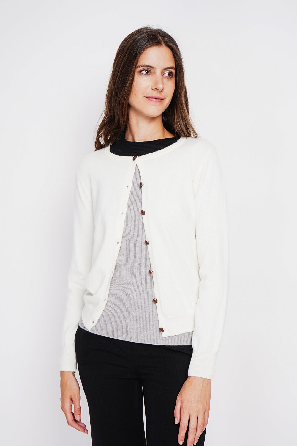 Elegante gilet girocollo con bottoni e maniche lunghe Naturale
