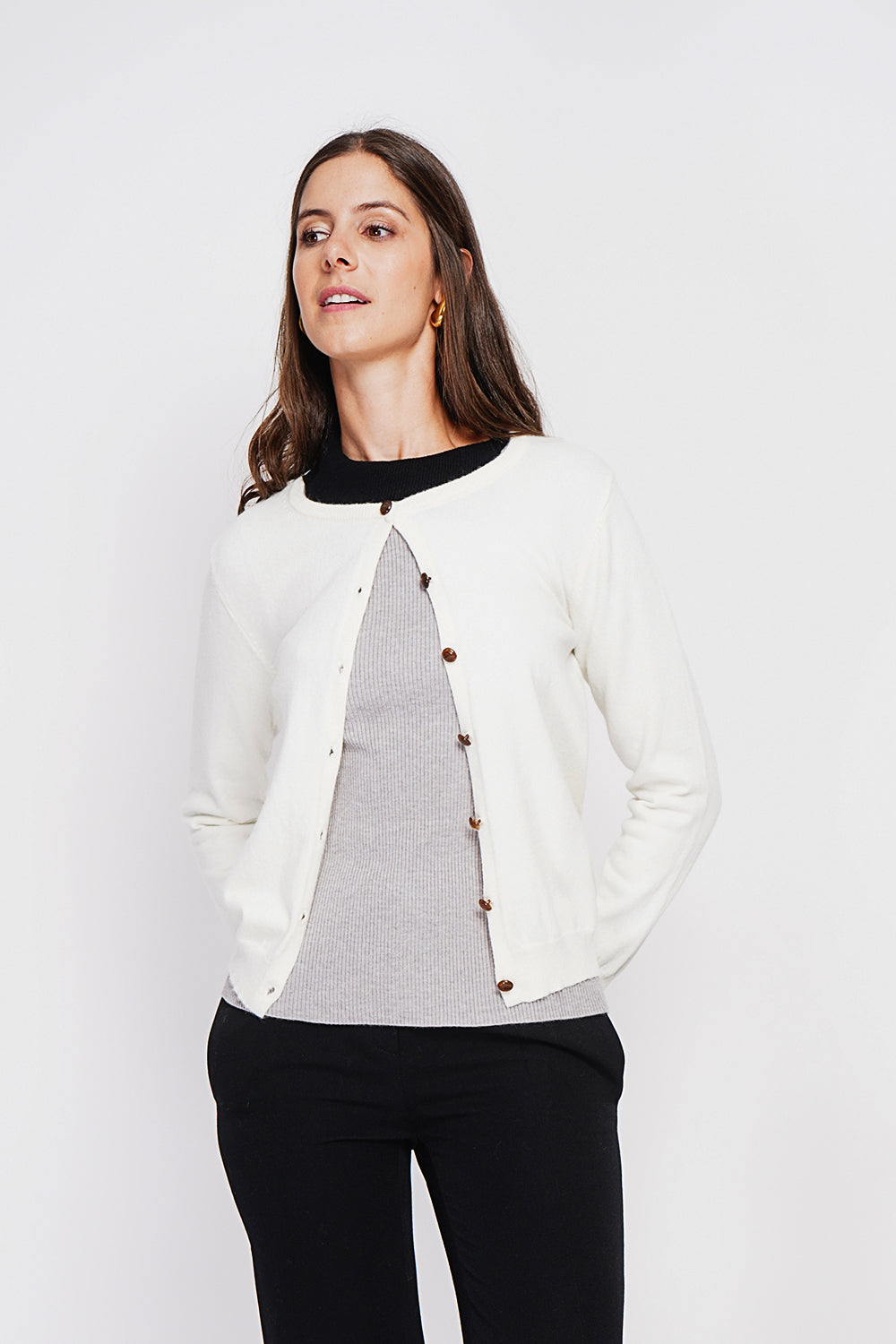 Elegante gilet girocollo con bottoni e maniche lunghe Naturale